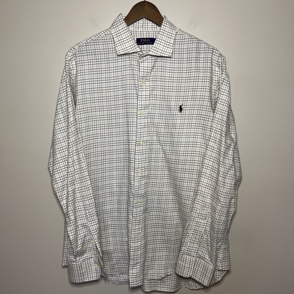Polo Ralph Lauren Button Up Shirt Mens Large Tan Plaid Cotton Stretch Brown Pony